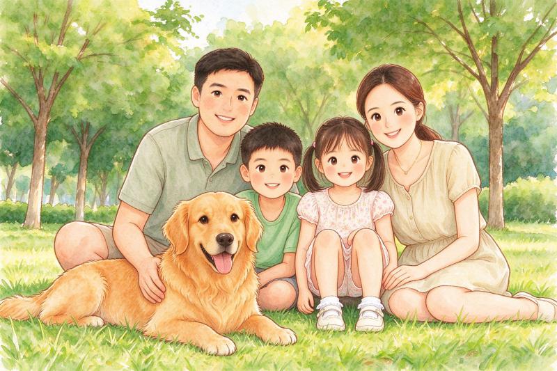 Same family and dog in watercolor storybook style