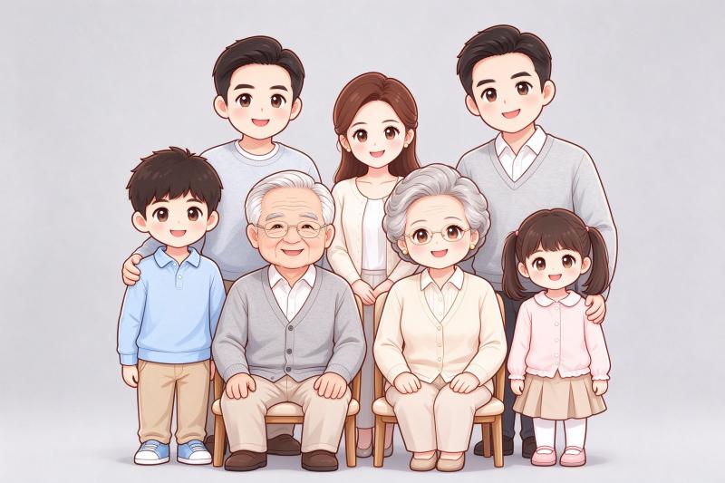 Same three-generation family in cute chibi style