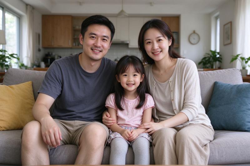 Original family photo on a living room sofa