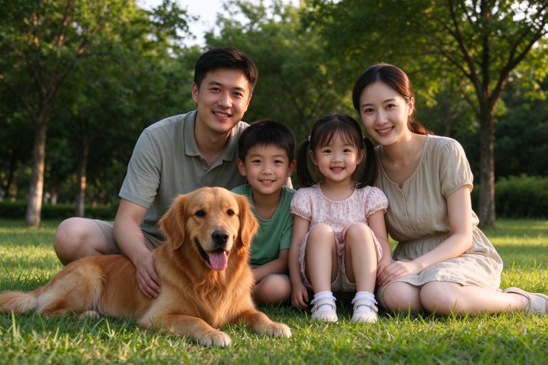 Original family photo with a golden retriever in the park